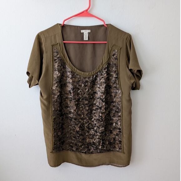 J. Crew green silk short sleeve sequined blouse women's medium - Picture 1 of 10